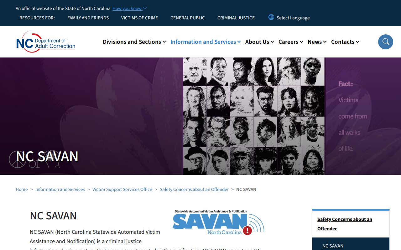 NC SAVAN official custody notification website for Richmond County searches