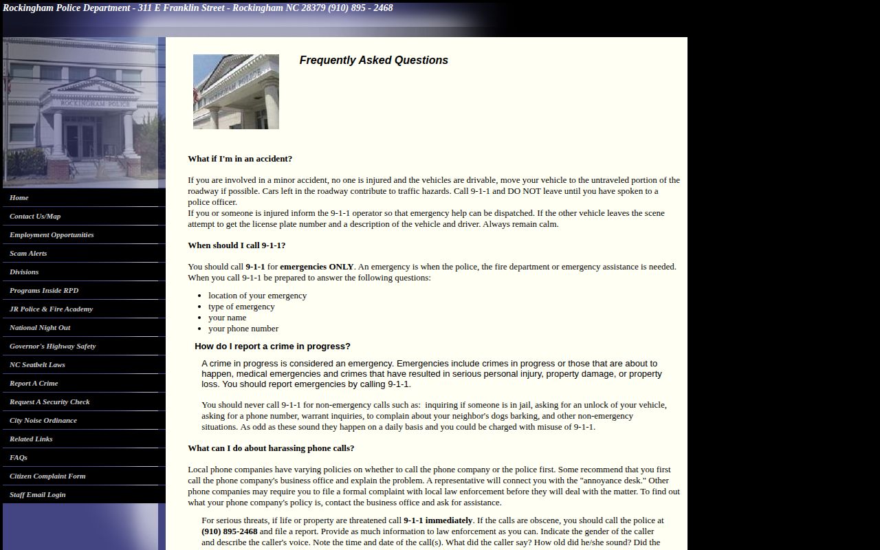 Captured legacy Rockingham Police Department frequently asked questions page