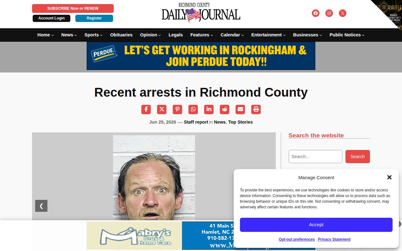 Richmond County arrest log coverage in the Daily Journal
